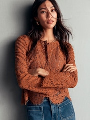 Boden Brown Lace Puff Sleeve Top - Image 1 of 5