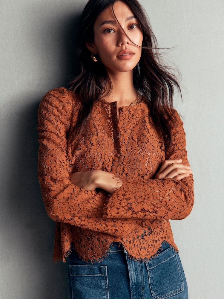Boden Brown Lace Puff Sleeve Top - Image 1 of 5 Boden Brown Lace Puff Sleeve Top - Image 1 of 5