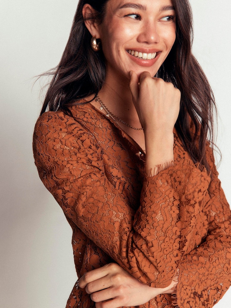 Boden Brown Lace Puff Sleeve Top - Image 2 of 5 Boden Brown Lace Puff Sleeve Top - Image 2 of 5