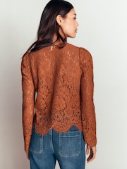 Boden Brown Lace Puff Sleeve Top - Image 3 of 5
