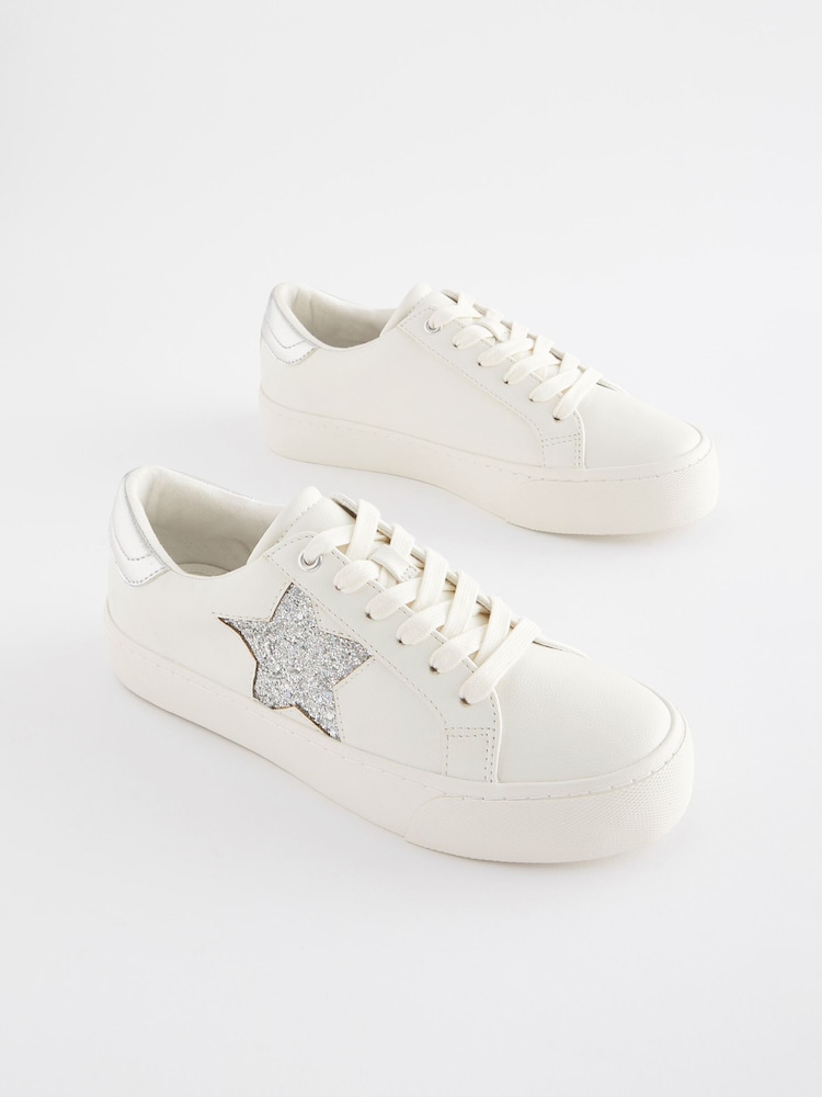 White/Silver Forever Comfort® Patent Chunky Star Lace-Up Trainers - Image 1 of 5
