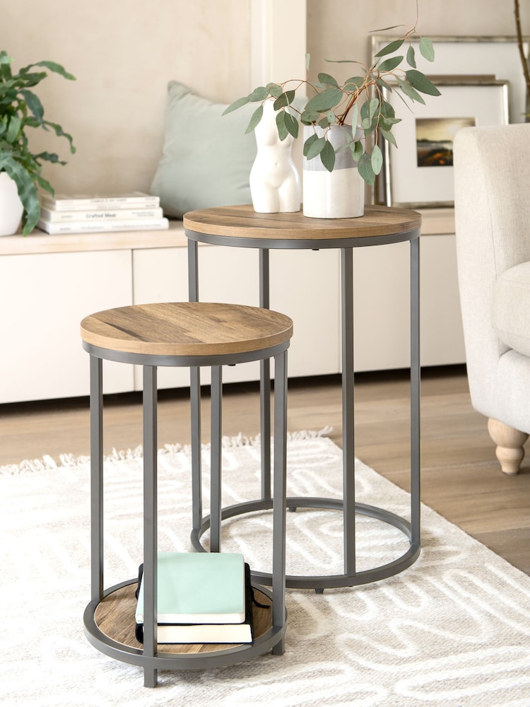 Light Bronx Oak Effect Round Set of 2 Nest of Tables - Image 1 of 6