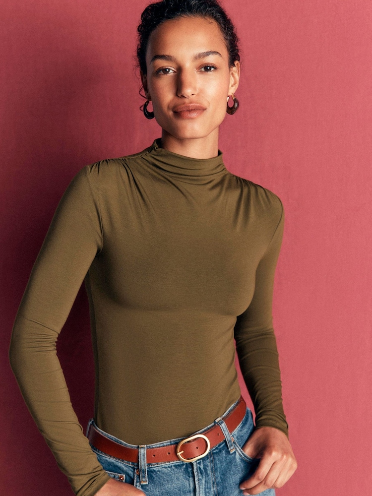 Жасыл - Boden Ruched Neck Long Sleeve T-Shirt - 5суретінің 1 суреті
