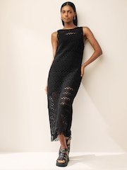 Black Crochet Fringe Midi Sleeveless Dress - Image 1 of 5