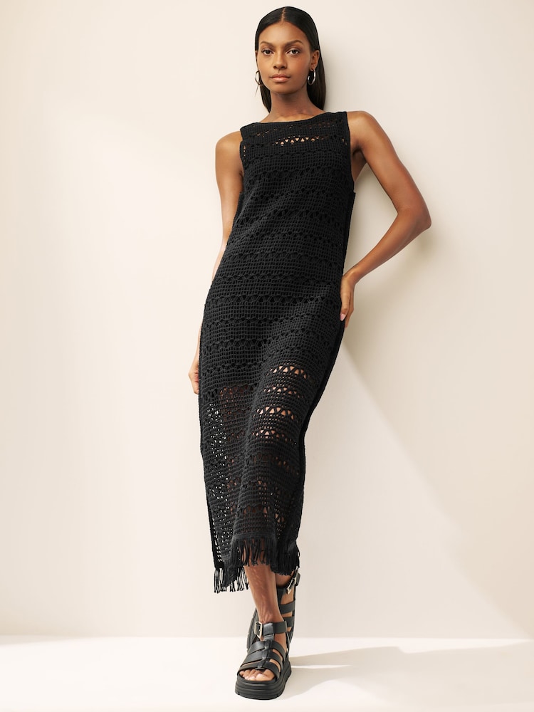 Black Crochet Fringe Midi Sleeveless Dress - Image 1 of 5