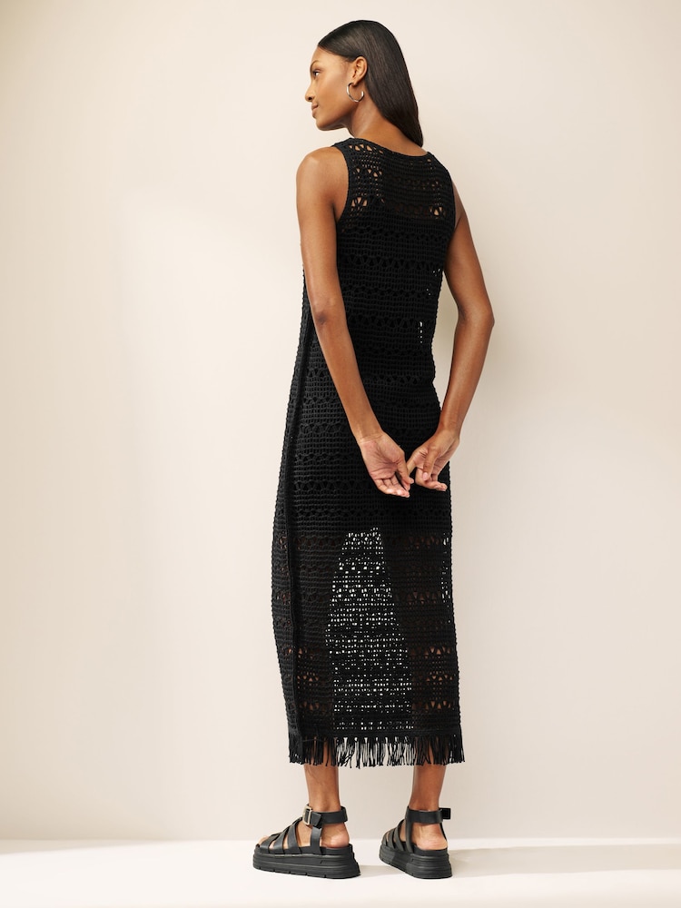 Black Crochet Fringe Midi Sleeveless Dress - Image 2 of 5