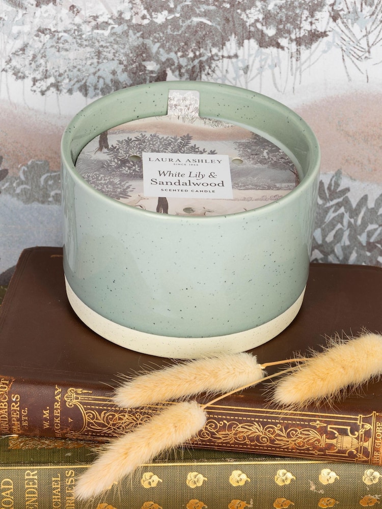 Laura Ashley Green Hartingdon White Lily & Sandalwood 3 Wick Ceramic Candle - Image 1 of 5