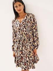Animal Print Long Sleeve Mini V-Neck Dress - Image 1 of 6