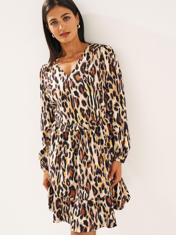 Animal Print Long Sleeve Mini V-Neck Dress - Image 1 of 6