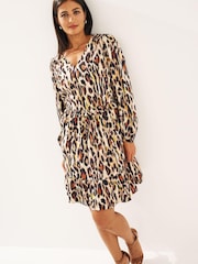 Animal Print Long Sleeve Mini V-Neck Dress - Image 2 of 6