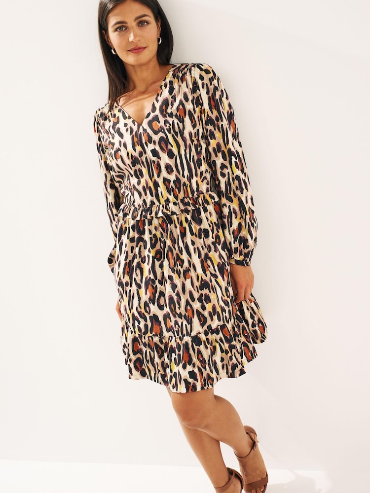 Animal Print Long Sleeve Mini V-Neck Dress - Image 2 of 6