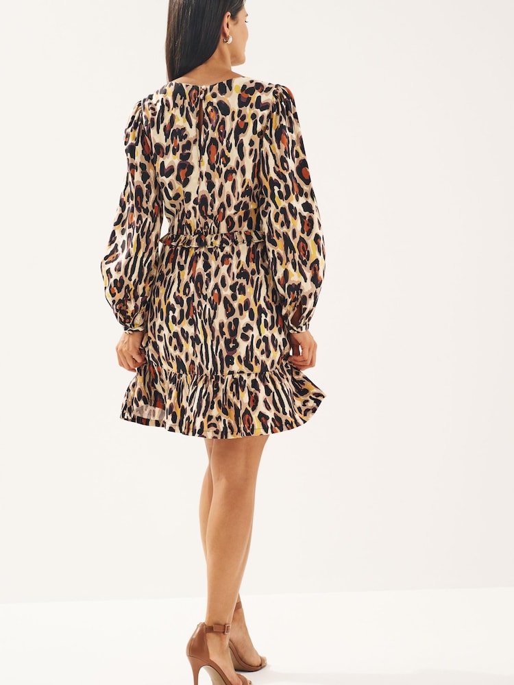 Animal Print Long Sleeve Mini V-Neck Dress - Image 3 of 6