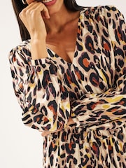 Animal Print Long Sleeve Mini V-Neck Dress - Image 4 of 6
