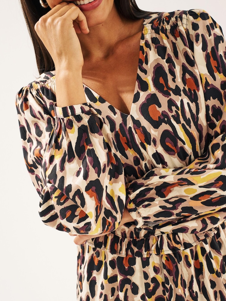Animal Print Long Sleeve Mini V-Neck Dress - Image 4 of 6