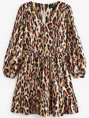 Animal Print Long Sleeve Mini V-Neck Dress - Image 5 of 6