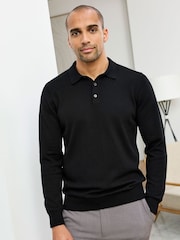 Cotton Traders Black Luxury Merino Long Sleeve Polo Shirt - Image 2 of 4