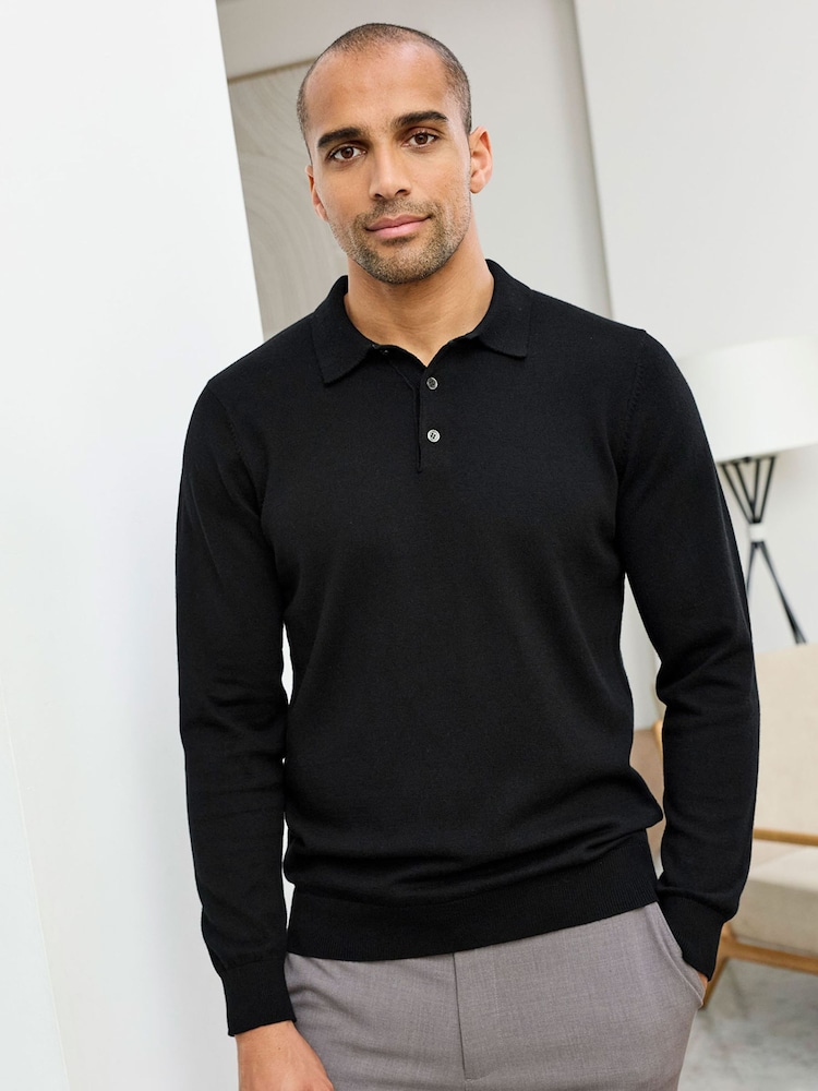 Cotton Traders Black Luxury Merino Long Sleeve Polo Shirt - Image 2 of 4 Cotton Traders Black Luxury Merino Long Sleeve Polo Shirt - Image 2 of 4