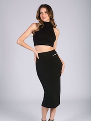 Pineapple Black Midi High Waist Womens Jersey Skirt - Image 3 of 5