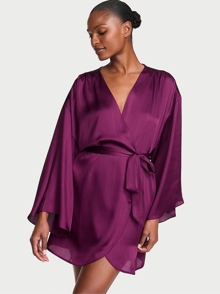 Victoria's Secret Rhubarb Purple Shimmery Satin Short Robe - Image 1 of 2 Victoria's Secret Rhubarb Purple Shimmery Satin Short Robe - Image 1 of 2
