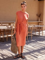 Coral Pink 100% Cotton Short Sleeve Tie Side Summer Dress - Image 2 of 7