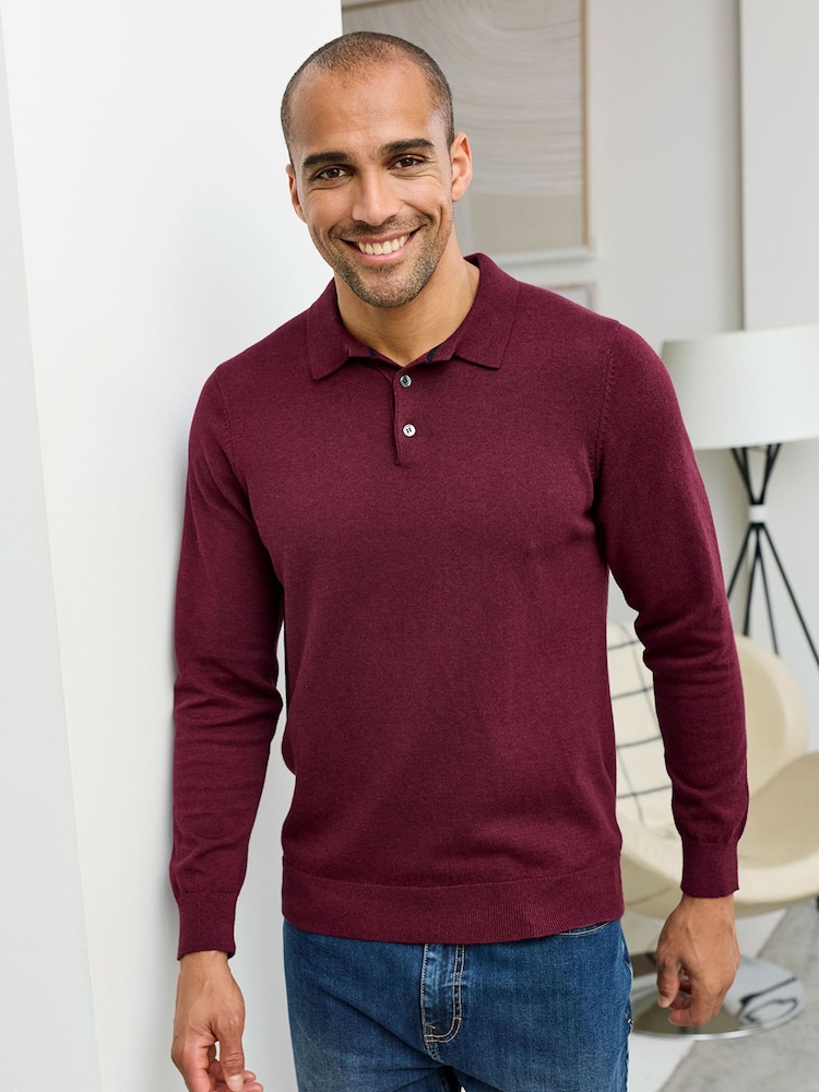 Cotton Traders Red Luxury Merino Long Sleeve Polo Shirt - Image 1 of 4