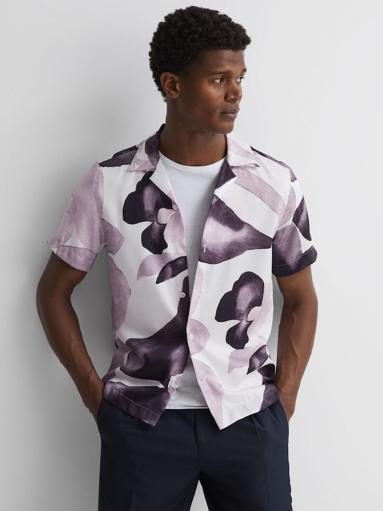 Reiss Grey Multi Howe Cuban Collar Button Through Shirt - Image 1 of 4