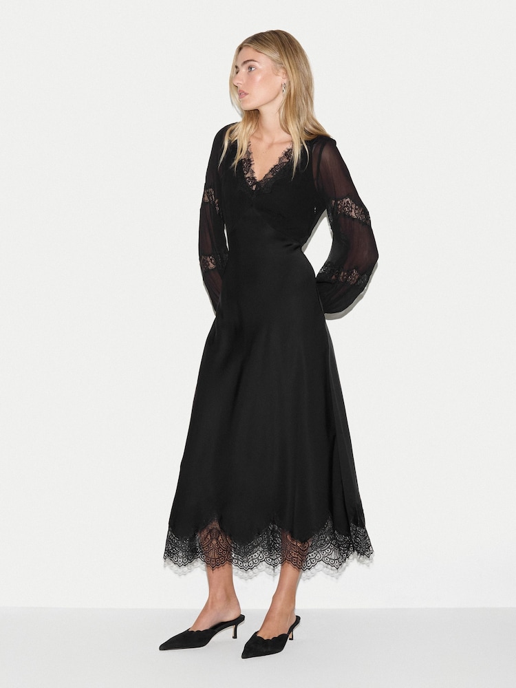 Jigsaw Black Satin Bias Lace Trim Dress - Image 1 of 5 Jigsaw Black Satin Bias Lace Trim Dress - Image 1 of 5