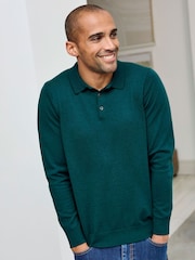 Cotton Traders Green Luxury Merino Long Sleeve Polo Shirt - Image 1 of 4