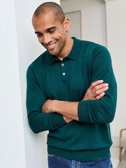 Cotton Traders Green Luxury Merino Long Sleeve Polo Shirt - Image 3 of 4