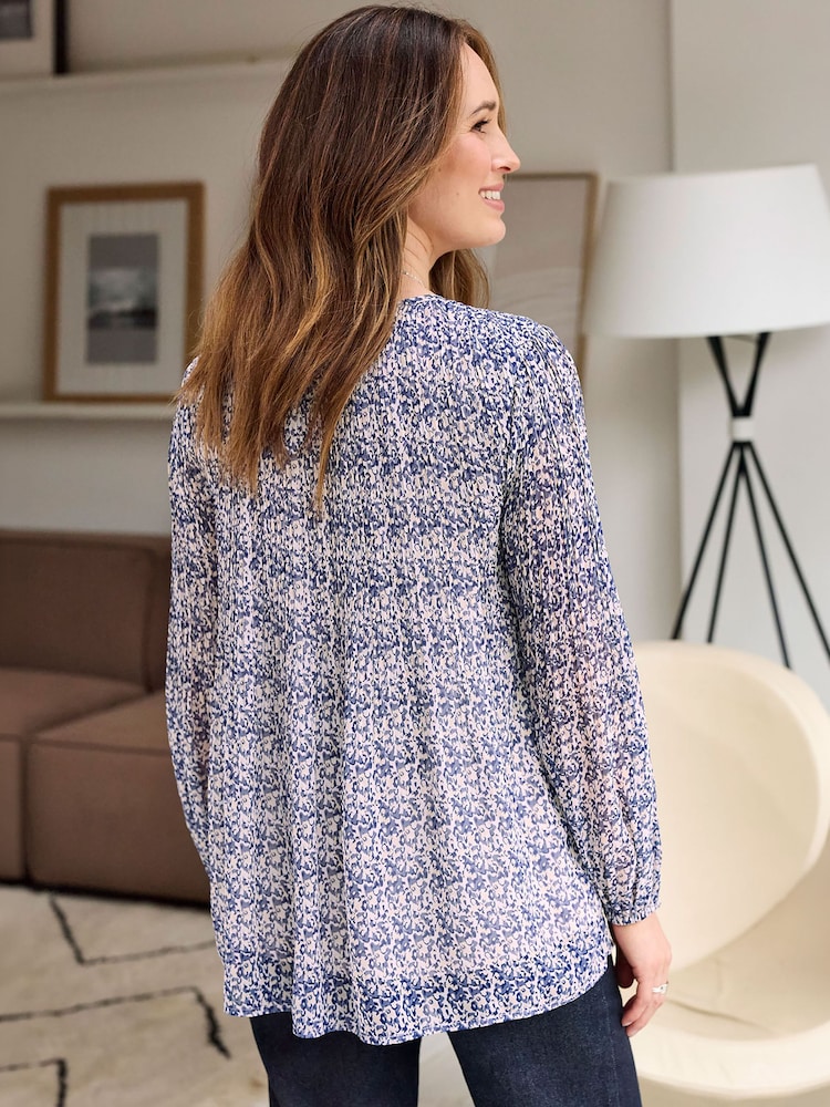 Cotton Traders Blue Floral Print Pleated Chiffon Blouse - Image 2 of 4 Cotton Traders Blue Floral Print Pleated Chiffon Blouse - Image 2 of 4