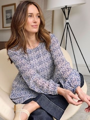 Cotton Traders Blue Floral Print Pleated Chiffon Blouse - Image 3 of 4