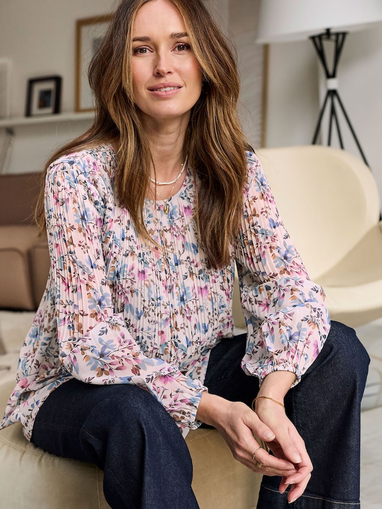 Cotton Traders Pink Floral Print Pleated Chiffon Blouse - Image 2 of 4 Cotton Traders Pink Floral Print Pleated Chiffon Blouse - Image 2 of 4