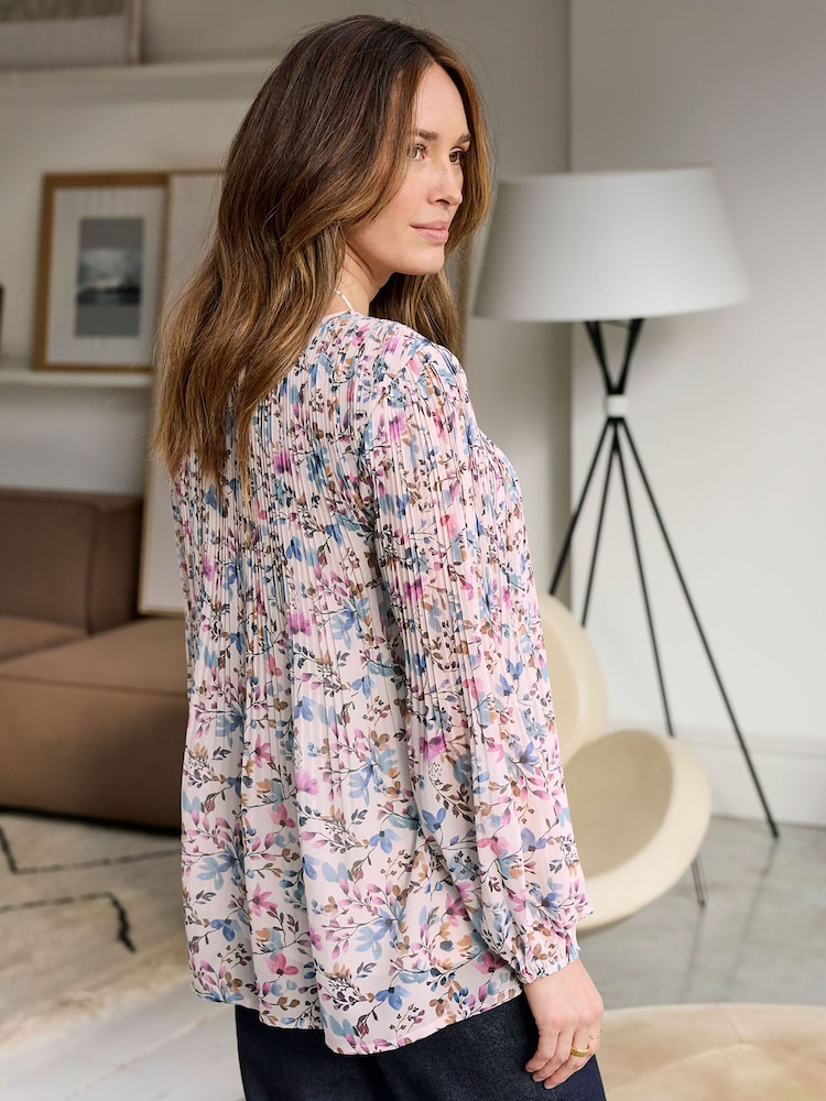 Cotton Traders Pink Floral Print Pleated Chiffon Blouse - Image 4 of 4 Cotton Traders Pink Floral Print Pleated Chiffon Blouse - Image 4 of 4
