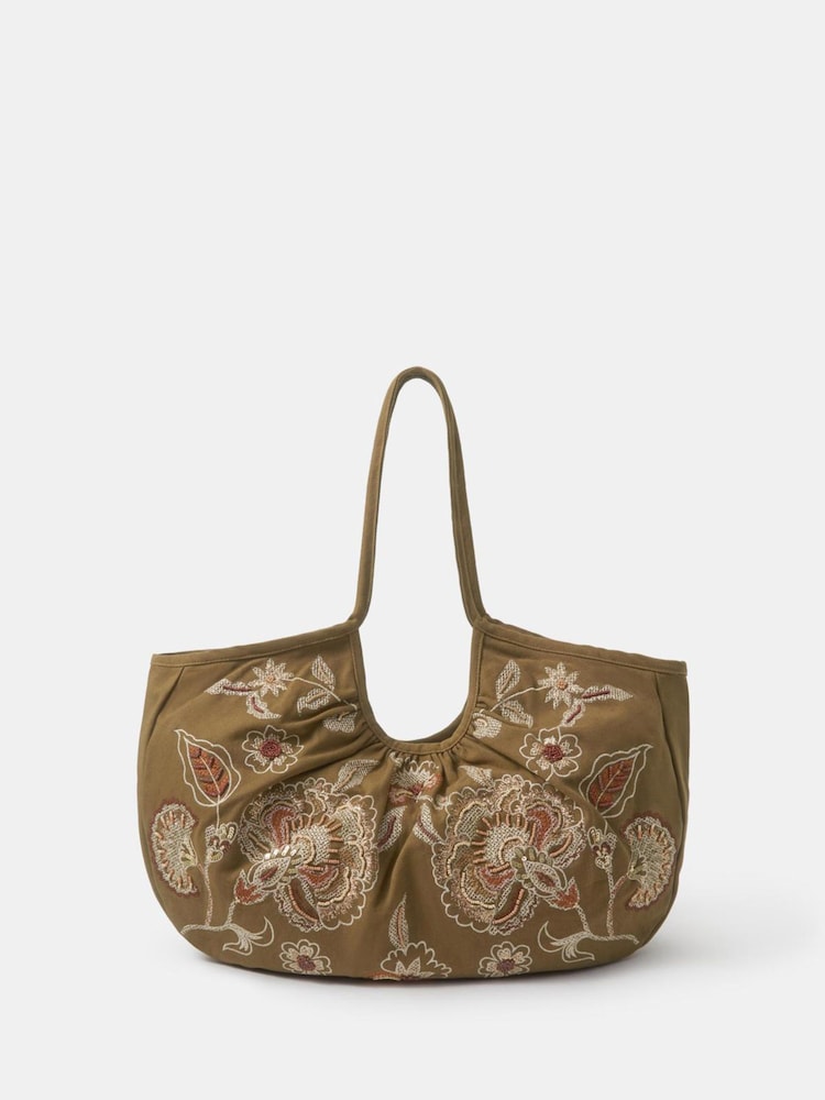 Accessorize Green Oversized Floral Embroidered Shoulder Bag - Image 1 of 2 Accessorize Green Oversized Floral Embroidered Shoulder Bag - Image 1 of 2