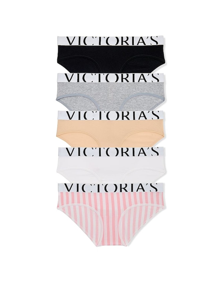 Victoria's Secret Black/Grey/Nude/White/Pink Hipster 5 Pack Exploded Logo Cotton Knickers - Image 1 of 3 Victoria's Secret Black/Grey/Nude/White/Pink Hipster 5 Pack Exploded Logo Cotton Knickers - Image 1 of 3