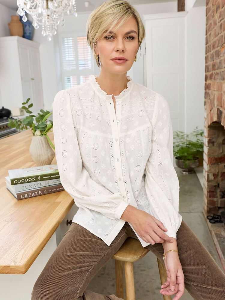 Cotton Traders Cream Frill Neck Broderie Blouse - Image 2 of 4