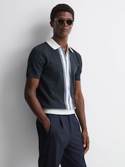Reiss Eclipse Blue London Slim Fit Cotton Knitted Half-Zip Polo T-Shirt - Image 1 of 4