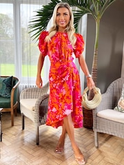 AX Paris Orange Floral Printed Short Puff Sleeve Gathered Side Midi Dress - Image 1 of 4