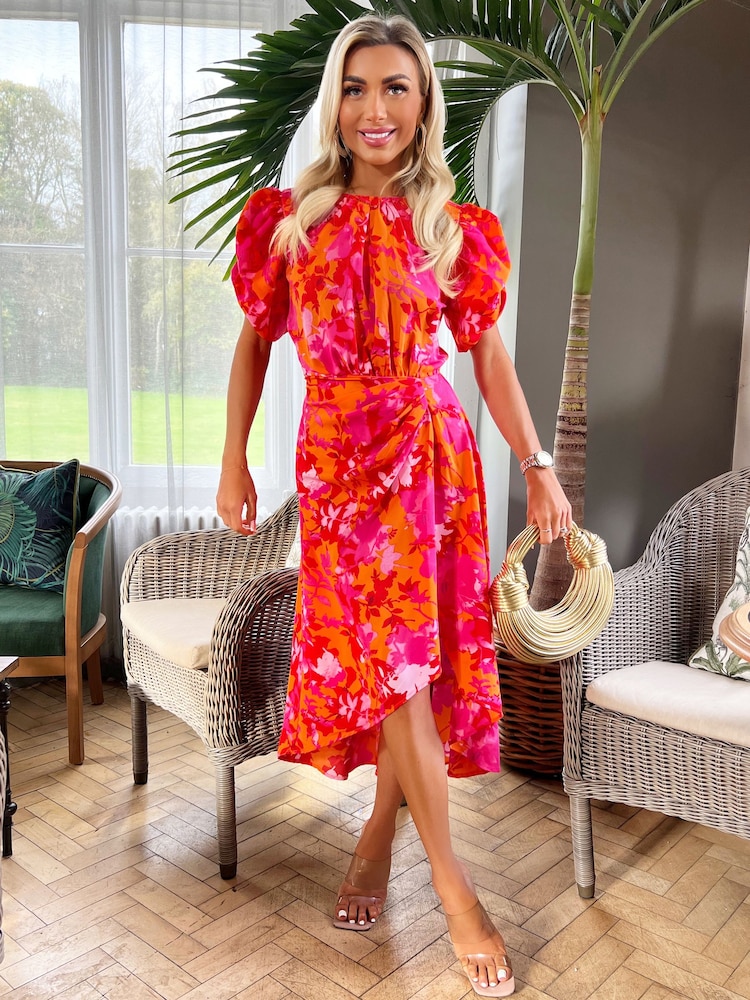 AX Paris Orange Floral Printed Short Puff Sleeve Gathered Side Midi Dress - Image 1 of 4