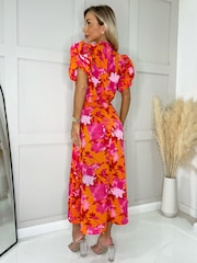 AX Paris Orange Floral Printed Short Puff Sleeve Gathered Side Midi Dress - Image 2 of 4