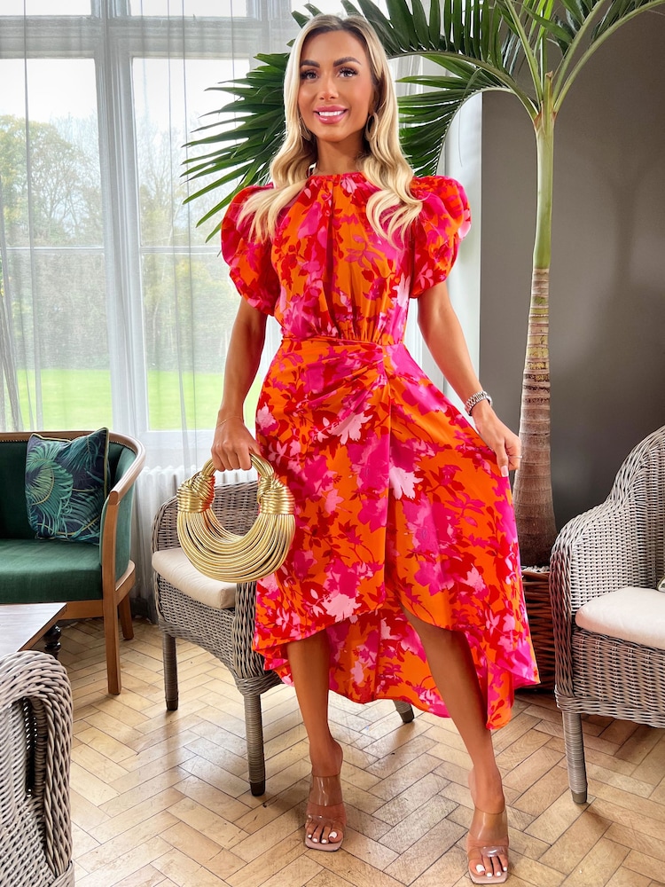 AX Paris Orange Floral Printed Short Puff Sleeve Gathered Side Midi Dress - Image 4 of 4