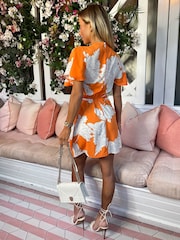 AX Paris Blood Orange Printed Short Sleeve Gathered Mini Dress - Image 2 of 4