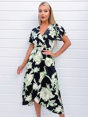 AX Paris Green Floral Printed Short Sleeve Belted Wrap Midi Dress - Image 1 of 4