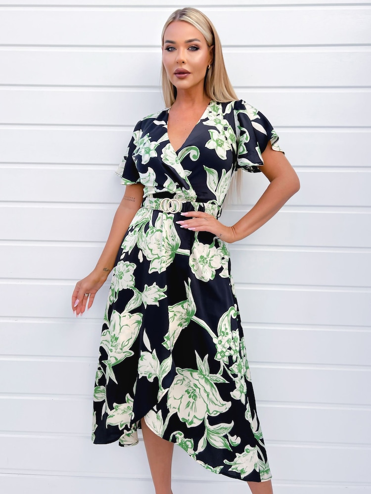 AX Paris Green Floral Printed Short Sleeve Belted Wrap Midi Dress - Image 1 of 4