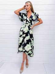 AX Paris Green Floral Printed Short Sleeve Belted Wrap Midi Dress - Image 3 of 4