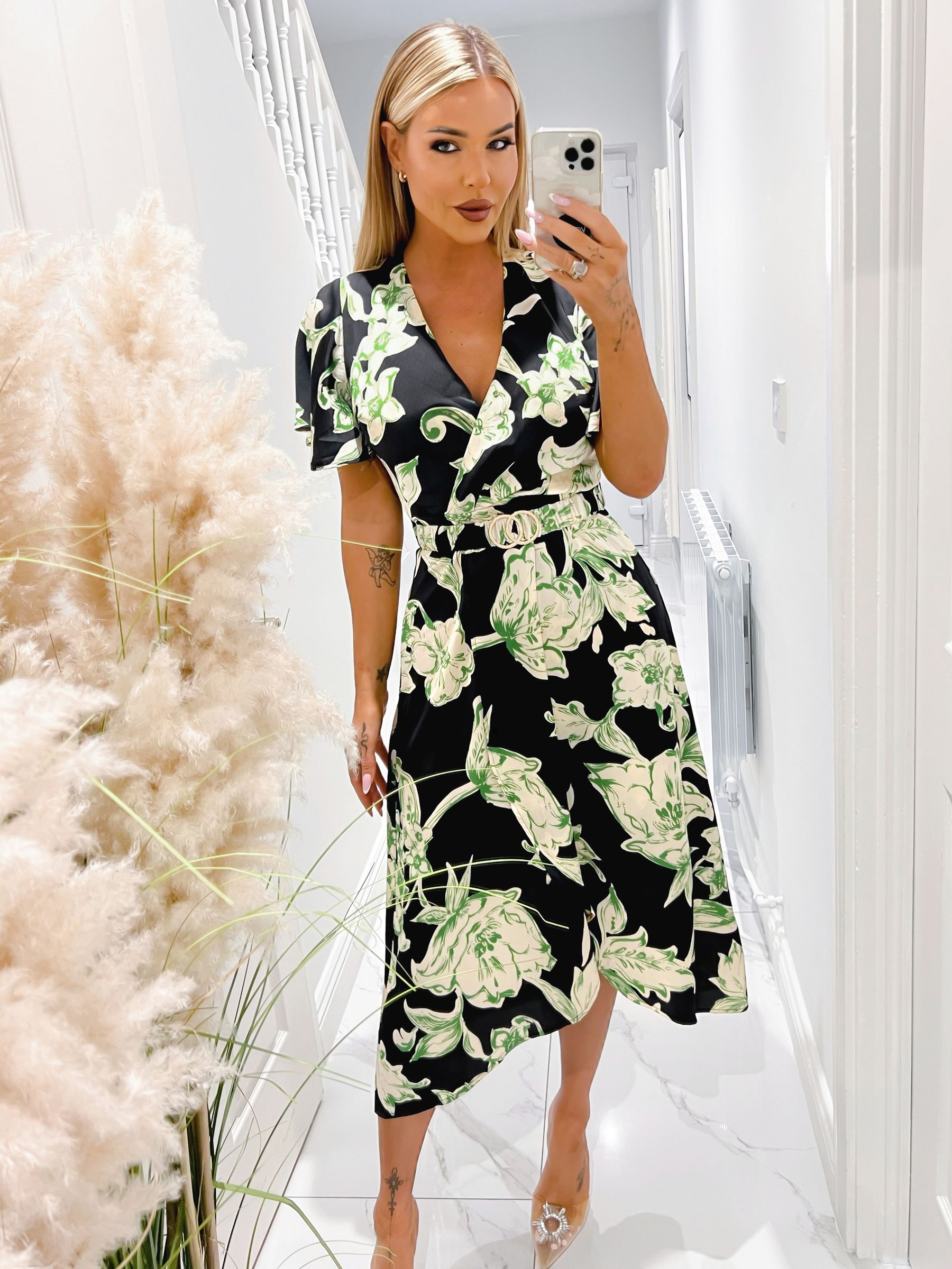 Buy AX Paris Green Floral Printed Short Sleeve Belted Wrap Midi Dress from Next France