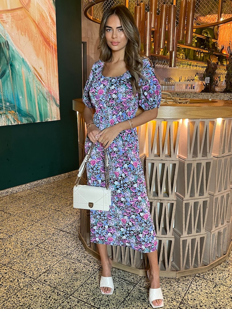 AX Paris Lilac Purple Multi Floral Printed Puff Sleeve Midi Dress - Image 1 of 4