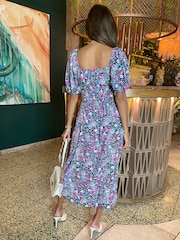AX Paris Lilac Purple Multi Floral Printed Puff Sleeve Midi Dress - Image 3 of 4