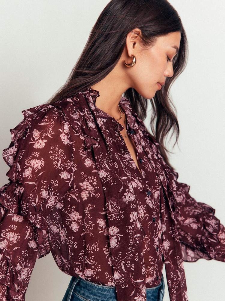 Boden Brown Ruffled Georgette Top - Image 2 of 7