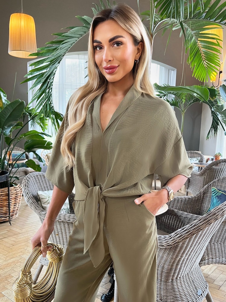 AX Paris V-Neck Collar Tie Front Blouse - Image 1 of 4